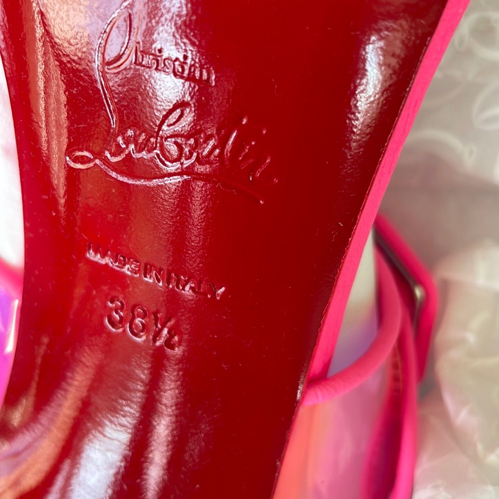 Christian Louboutin loubi duniss 100mm pink neon pvc pump peep toe sandal s 38.5 - Picture 10 of 12